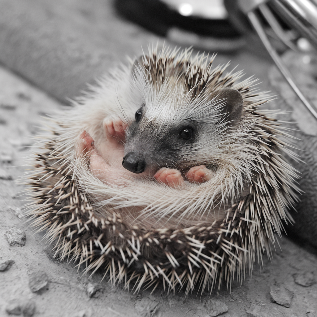 A photo of a hedgehog curled up on a textured surface, with its quills standing up. The hedgehog's eyes are visible and its body is covered in quills. The background is blurred and contains a few objects.