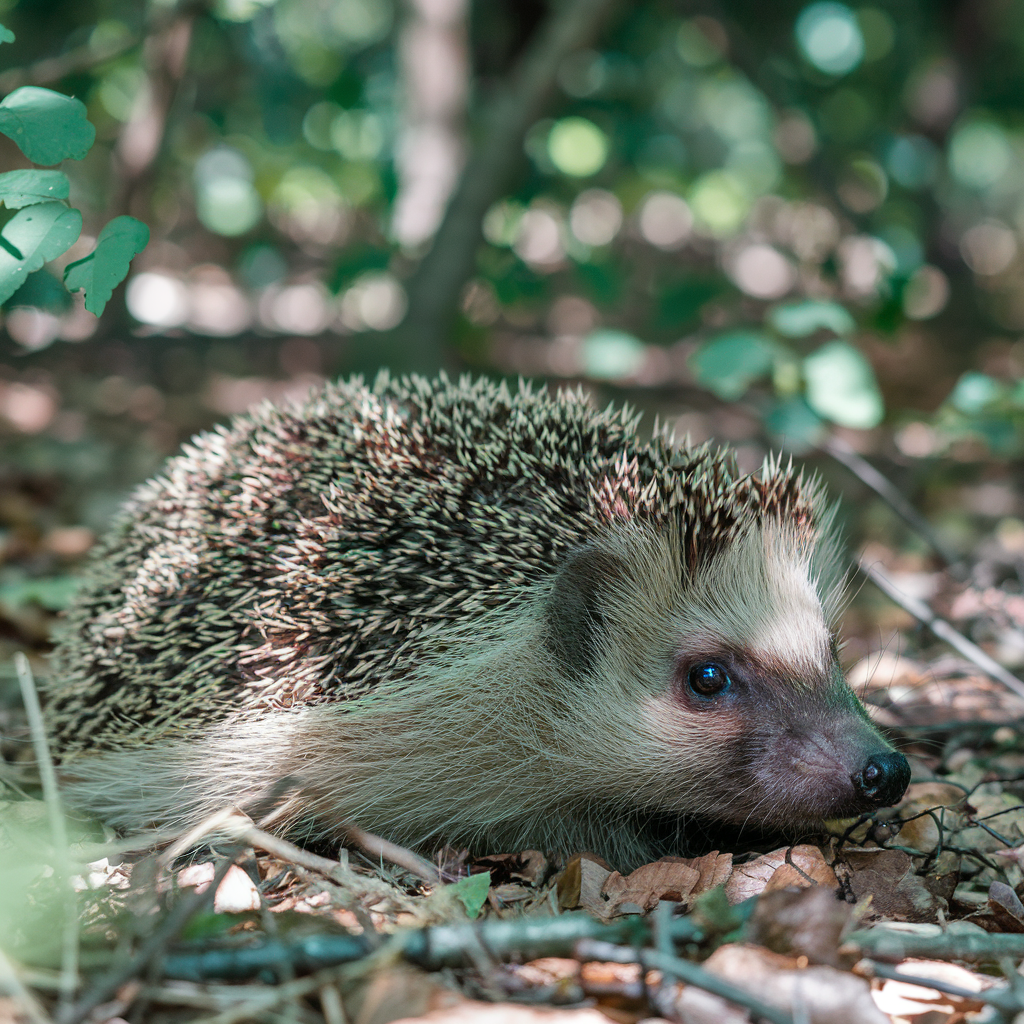 A photo of a hedgehog lying on the ground. The hedgehog is in a forest with sunlight filtering through the trees, casting dappled shadows on the hedgehog. The hedgehog's spines are standing on end, and its eyes are wide open.