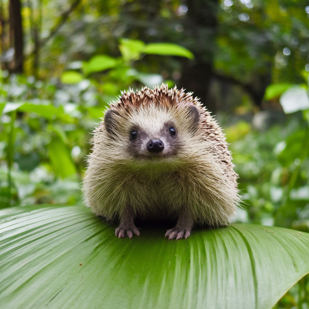 A photo of a hedgehog sitting on a green leaf. The hedgehog is facing forward, with its quills raised. The background is a lush green forest. The lighting is soft.