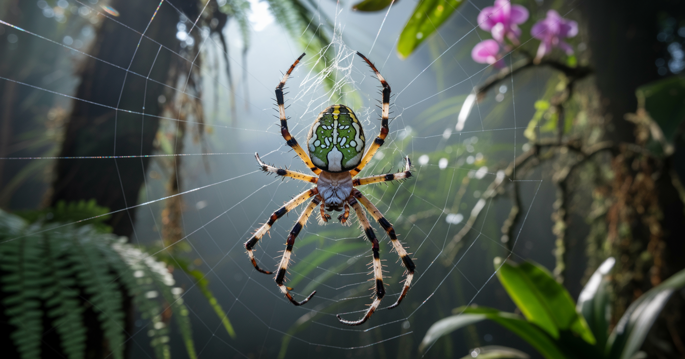 very creepy spider on a spider web in a forest